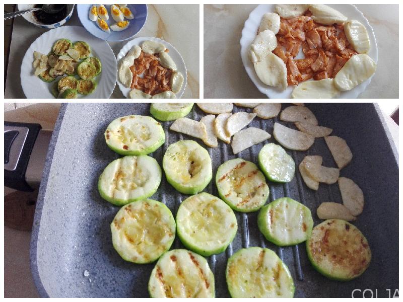 Kolaž pripreme salate sa lososom