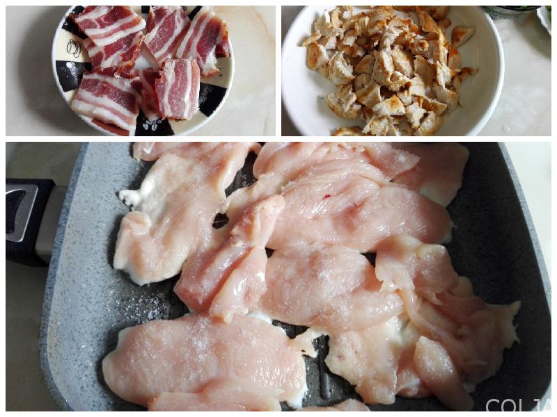 Kolaž pripreme salate sa piletinom