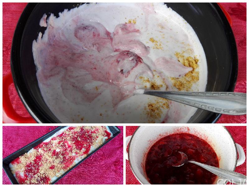 Kolaž pripreme sladoleda sa malinama i plazmom